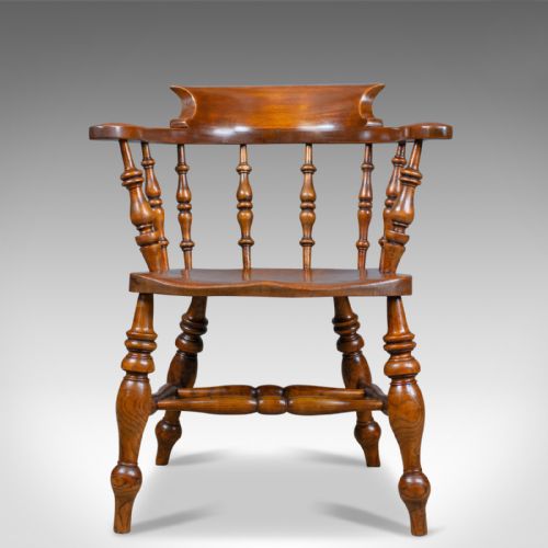 fig 1. Antique Elbow Chair, Victorian, Elm, Bow-Back, Smokers, Captains, Desk c.1880