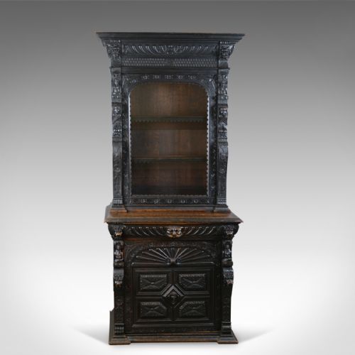 fig 1. Tall Antique Display Cabinet, Victorian, English, Oak, Cupboard, Green Man c1870