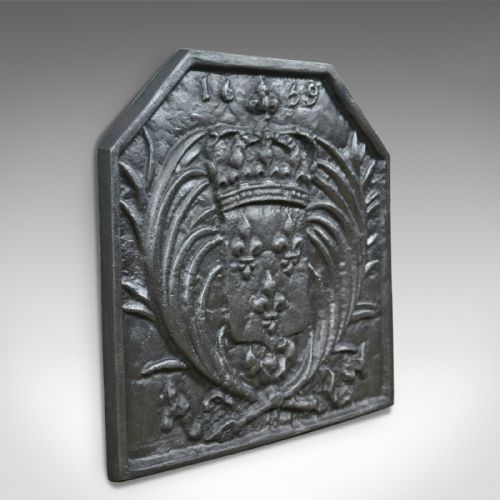 fig 1. Antique Cast Iron Fire Back, Coat of Arms, Fireplace Revival Casting, Circa 1900