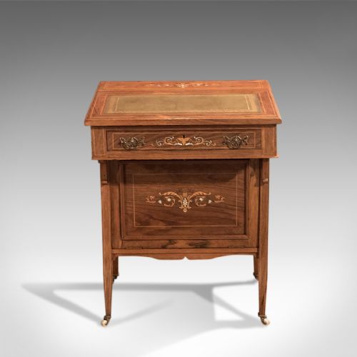 fig 1. Antique Davenport, Edwardian Tilt Top, English, Inlaid, Walnut