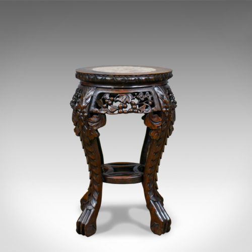 Antique Side Table, Carved, Chinese, Stand, Teak, Marble, Circa 1900