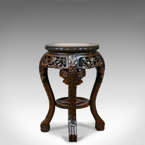 fig 1. Antique Side Table, Carved, Chinese, Stand, Teak, Marble, Circa 1900
