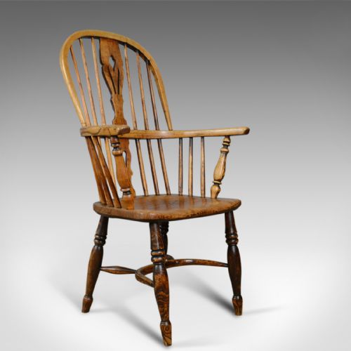 Antique Windsor Elbow Chair, Victorian Double Hoop Armchair, Elm, Ash C.1850