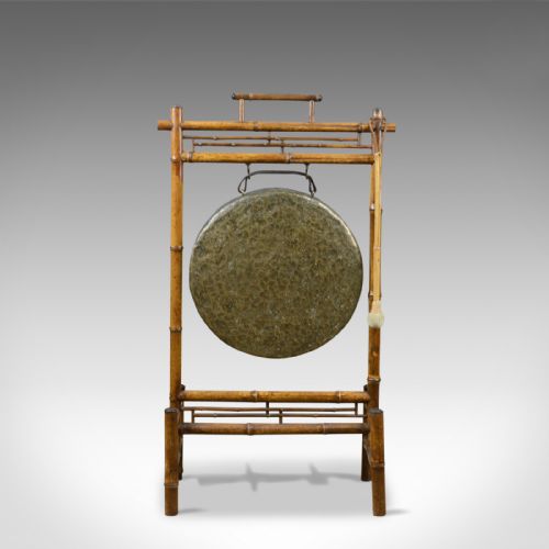 fig 2. Large Antique Dinner Gong, Bamboo Frame, Victorian Instrument, Circa 1890