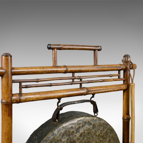 fig 3. Large Antique Dinner Gong, Bamboo Frame, Victorian Instrument, Circa 1890
