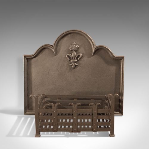 Antique Fire Back & Basket, Victorian Iron Fireplace, Prince of Wales Feathers