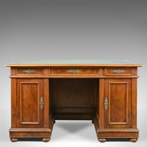 fig 1. Antique Pedestal Desk, French, 19th Century, Walnut, Leather Top, Circa 1880