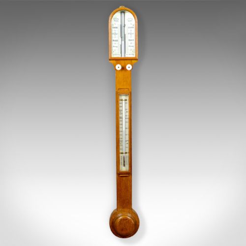 Antique Stick Barometer, Thermometer, Carpenter and Westley, London, Oak, C.1860
