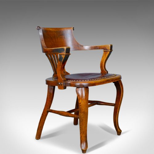 Antique Elbow Chair, English, Oak, Leather, Office, Desk, Captains, Study C.1910
