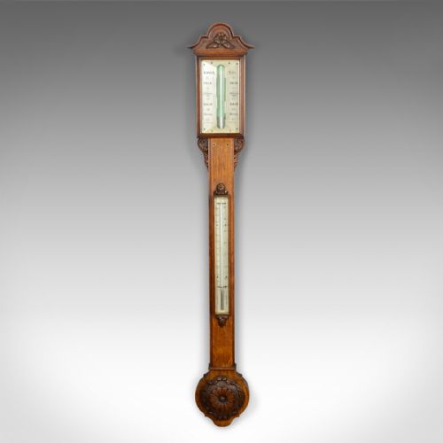 fig 1. Antique Stick Barometer, Davis Leeds, English, Oak, Scientific Instrument c.1830