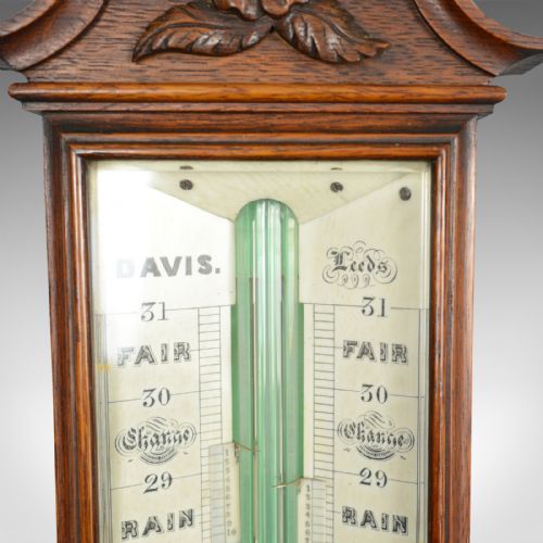 fig 2. Antique Stick Barometer, Davis Leeds, English, Oak, Scientific Instrument c.1830