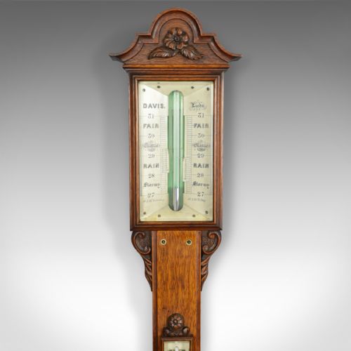 fig 3. Antique Stick Barometer, Davis Leeds, English, Oak, Scientific Instrument c.1830