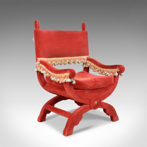 Large Antique Armchair, Italian, X Frame Chair, Red Velvet, C17th Revival C.1900