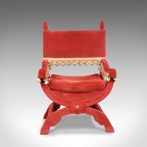 fig 1. Large Antique Armchair, Italian, X Frame Chair, Red Velvet, C17th Revival C.1900
