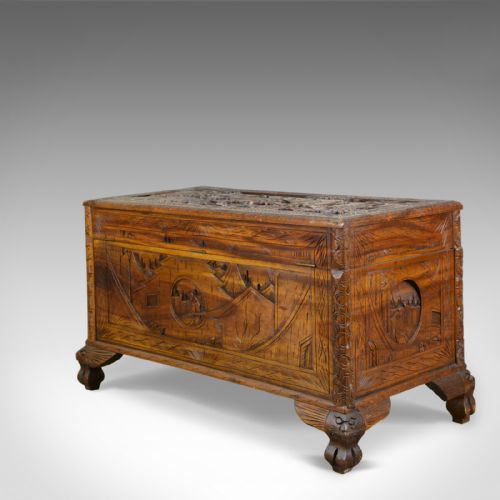 Early 20th Century Camphor Wood Chest, Oriental, Carved Scenes, Trunk C.1930