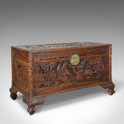 fig 1. Early 20th Century Camphor Wood Chest, Oriental, Carved Scenes, Trunk c.1930