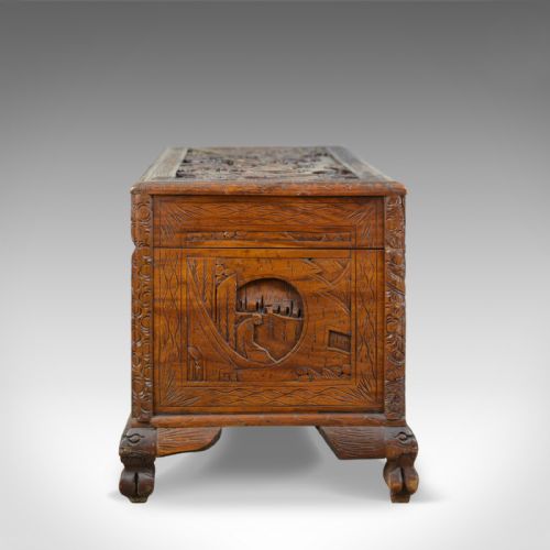fig 2. Early 20th Century Camphor Wood Chest, Oriental, Carved Scenes, Trunk c.1930