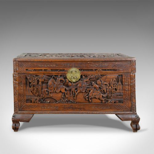 fig 3. Early 20th Century Camphor Wood Chest, Oriental, Carved Scenes, Trunk c.1930
