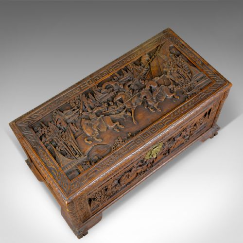 fig 4. Early 20th Century Camphor Wood Chest, Oriental, Carved Scenes, Trunk c.1930