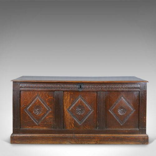 fig 1. Antique Coffer, English, Oak, Joined Chest, Three Panel Trunk, c.1700 and Later
