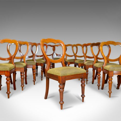 Long Set of 12 Antique Dining Chairs, English, Victorian, Balloon Back, C.1850