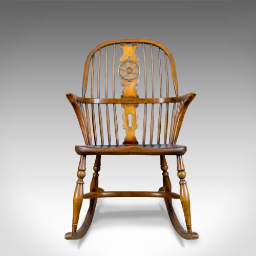 fig 1. Antique Rocking Chair, English, Edwardian, Windsor Stick Back, Elbow, Circa 1910