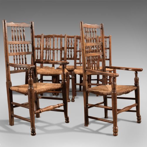 fig 1. Harlequin Set of 7 Antique Spindle Back Dining Chairs Lancashire Country c.1800