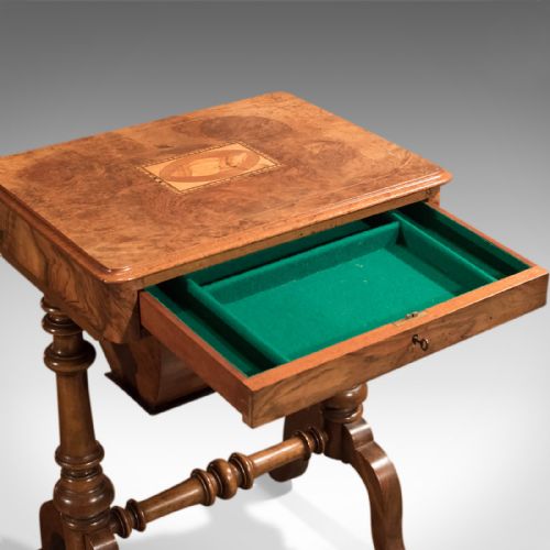 fig 2. Antique Work Table, Victorian, Sewing, English, Burr Walnut, Side Circa 1860