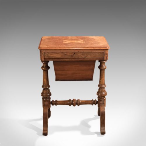 fig 3. Antique Work Table, Victorian, Sewing, English, Burr Walnut, Side Circa 1860
