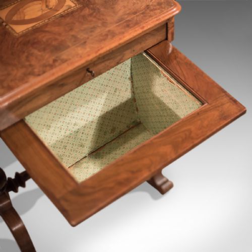 fig 4. Antique Work Table, Victorian, Sewing, English, Burr Walnut, Side Circa 1860