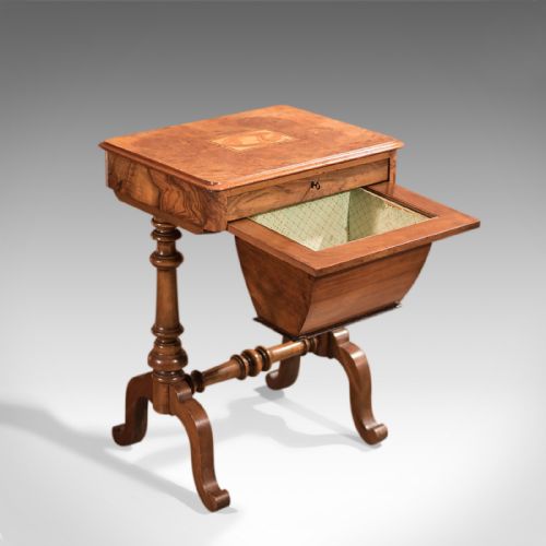 fig 5. Antique Work Table, Victorian, Sewing, English, Burr Walnut, Side Circa 1860
