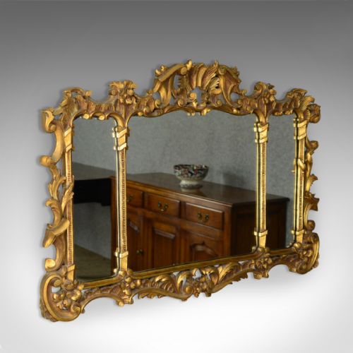 fig 1. Antique Overmantel Mirror, English, Regency Revival, Giltwood, Triptych c.1900