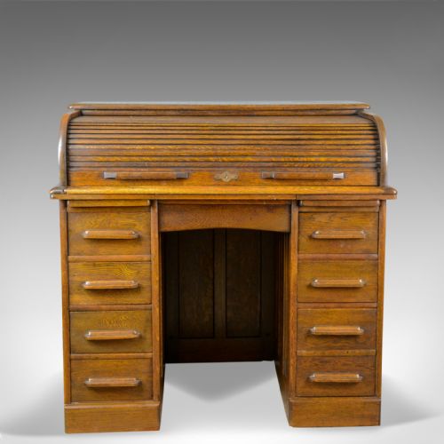 fig 1. Small Antique Roll Top Desk, Oak, Tambour, William Angus and Co Ltd London c1910