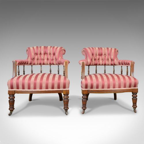 Pair of Antique Salon Chairs, English, Edwardian, Scroll Back Armchairs C.1910