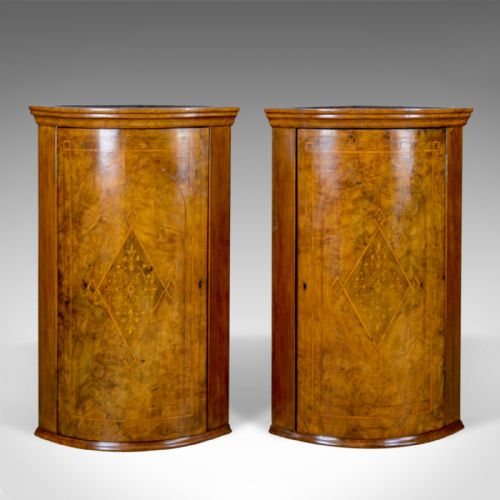 Antique Pair of Georgian Revival Corner Cabinets, English, Burr Walnut, C.1910