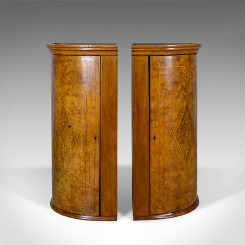 fig 1. Antique Pair of Georgian Revival Corner Cabinets, English, Burr Walnut, c.1910