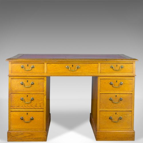 Antique Pedestal Desk, English, Victorian, Golden Oak, Single, Leather, C.1890