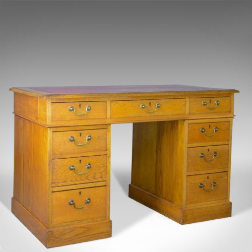 fig 1. Antique Pedestal Desk, English, Victorian, Golden Oak, Single, Leather, c.1890