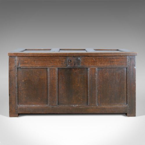 fig 1. Antique Coffer, Oak, Joined Chest, Three Panel Trunk, Early 18th Century c.1700