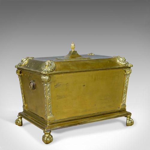 Antique Log Bin, Brass Fireside Storage Box, Victorian Fireplace Accessories