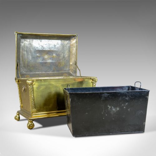 fig 3. Antique Log Bin, Brass Fireside Storage Box, Victorian Fireplace Accessories