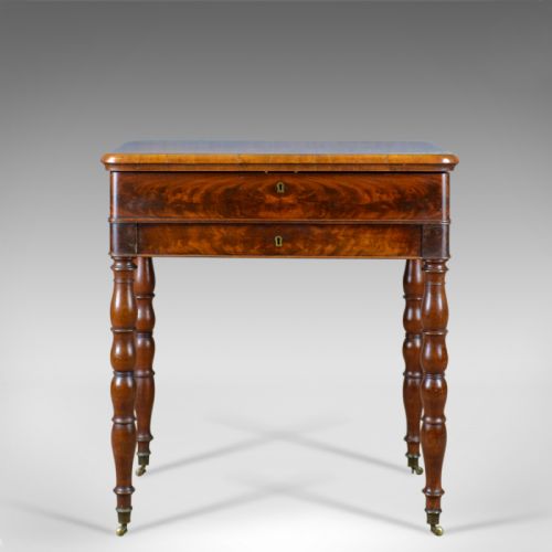 fig 1. Antique Sewing Table, English, Victorian, Flame Mahogany, Side, C19th, c.1840