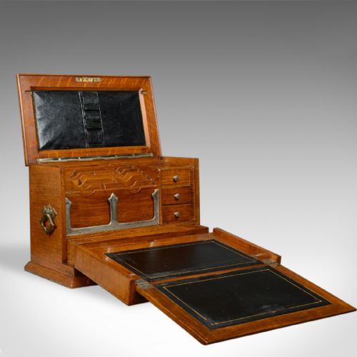 Antique Campaign Writing Box, English, Victorian, Oak, Stationery, 1887