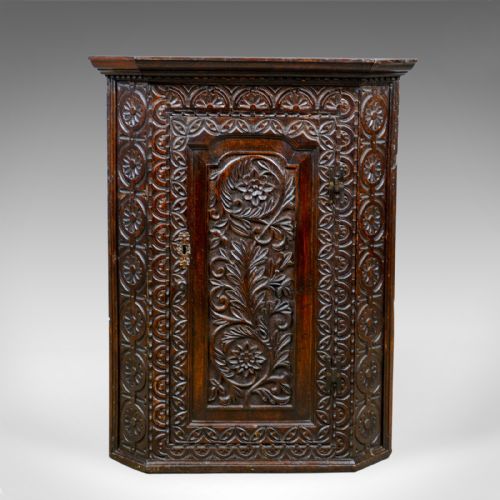 Antique Corner Cabinet, English, Georgian, Carved, Oak, Hanging Cupboard C.1760