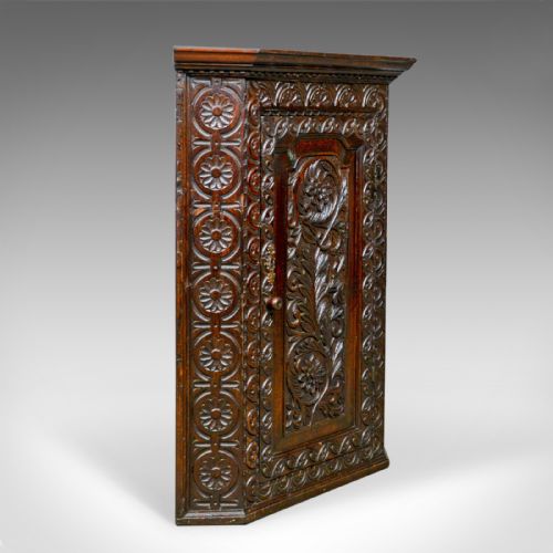 fig 1. Antique Corner Cabinet, English, Georgian, Carved, Oak, Hanging Cupboard c.1760