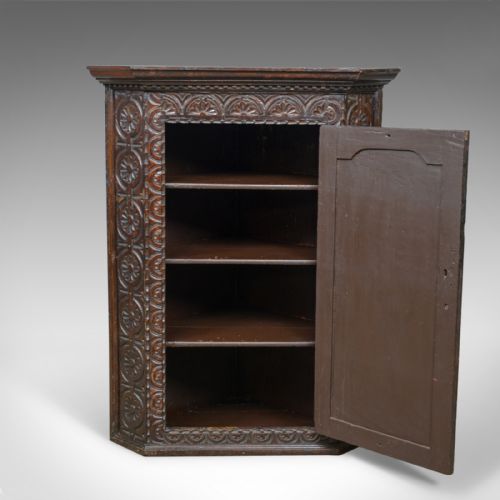 fig 3. Antique Corner Cabinet, English, Georgian, Carved, Oak, Hanging Cupboard c.1760
