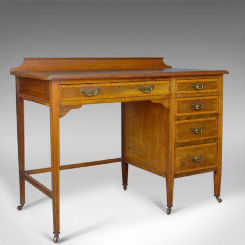Antique Open Pedestal Desk, English, Edwardian, Kneehole, Writing, Circa 1910