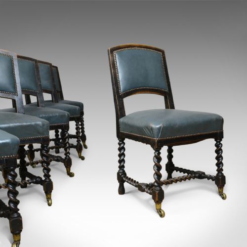 Set of Six Antique Dining Chairs, Oak, Leather, Aesthetic Movement, Circa 1880