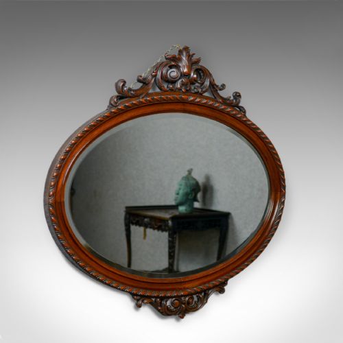 Antique Wall Mirror, Edwardian, Ovular, Carved Walnut, C20th, Circa 1910