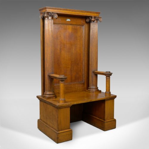 Large Antique Oak Throne Chair, Edwardian, Bench, Seat, Classical, Ionic, C.1910